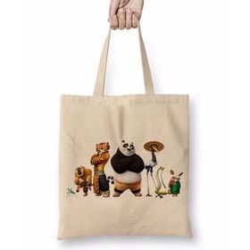 Baskı Dükkanı Kung Fu Panda Friends Bez Uzun Saplı Krem Rengi Çanta