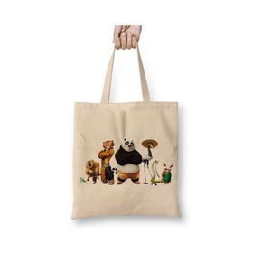 Baskı Dükkanı Kung Fu Panda Friends Bez Uzun Saplı Krem Rengi Çanta