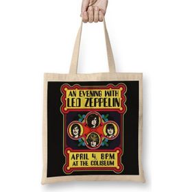 Baskı Dükkanı LED Zeppelin Banda Bez Uzun Saplı Krem Rengi Çanta