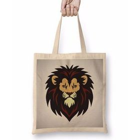 Baskı Dükkanı Lion Head Mascot Logo Bez Uzun Saplı Krem Rengi Çanta