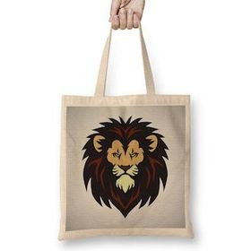 Baskı Dükkanı Lion Head Mascot Logo Bez Uzun Saplı Krem Rengi Çanta