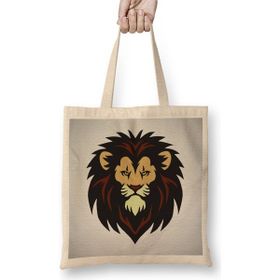 Baskı Dükkanı Lion Head Mascot Logo Bez Uzun Saplı Krem Rengi Çanta