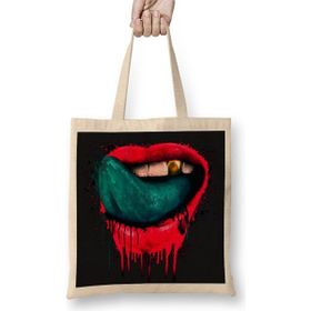 Baskı Dükkanı Lips Dudak Bez Uzun Saplı Krem Rengi Çanta
