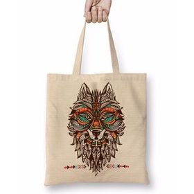 Baskı Dükkanı Lobo Tribal Bez Uzun Saplı Krem Rengi Çanta