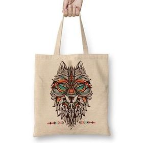 Baskı Dükkanı Lobo Tribal Bez Uzun Saplı Krem Rengi Çanta