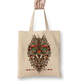 Baskı Dükkanı Lobo Tribal Bez Uzun Saplı Krem Rengi Çanta