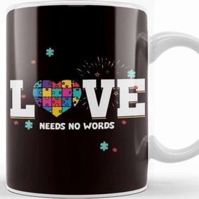 Baskı Dükkanı Love Needs No Words Heart Autism Awareness Puzzle Ribbon Kupa