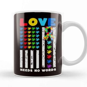Baskı Dükkanı Love Needs No Words Us American Flag Autism Puzzle Autistic Kupa