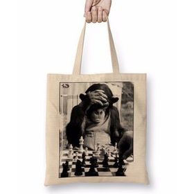 Baskı Dükkanı Monkey Chess Maymun Santranç Bez Uzun Saplı Krem Rengi Çanta