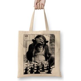 Baskı Dükkanı Monkey Chess Maymun Santranç Bez Uzun Saplı Krem Rengi Çanta