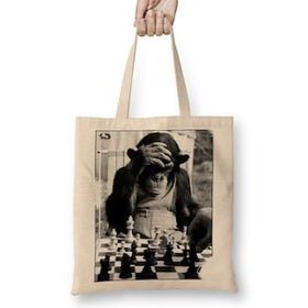 Baskı Dükkanı Monkey Chess Maymun Santranç Bez Uzun Saplı Krem Rengi Çanta