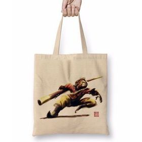 Baskı Dükkanı Monkey King Sun Wukong Action Bez Uzun Saplı Krem Rengi Çanta