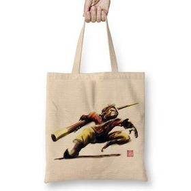 Baskı Dükkanı Monkey King Sun Wukong Action Bez Uzun Saplı Krem Rengi Çanta