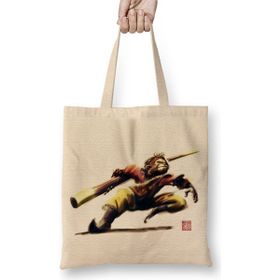 Baskı Dükkanı Monkey King Sun Wukong Action Bez Uzun Saplı Krem Rengi Çanta