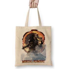 Baskı Dükkanı Mortal Kombat Predator Game Bez Uzun Saplı Krem Rengi Çanta