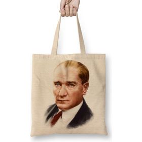Baskı Dükkanı Mustafa Kemal Atatürk 03 Bez Uzun Saplı Krem Rengi Çanta