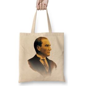 Baskı Dükkanı Mustafa Kemal Atatürk 03 Bez Uzun Saplı Krem Rengi Çanta