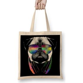 Baskı Dükkanı Müzik Pug Müzikli Pug Köpek Bez Uzun Saplı Krem Rengi Çanta