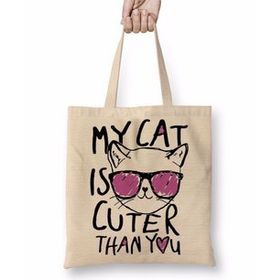 Baskı Dükkanı My Cat Is Cuter Than You Kedi Bez Uzun Saplı Krem Rengi Çanta
