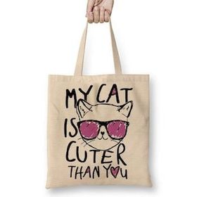 Baskı Dükkanı My Cat Is Cuter Than You Kedi Bez Uzun Saplı Krem Rengi Çanta