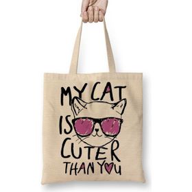 Baskı Dükkanı My Cat Is Cuter Than You Kedi Bez Uzun Saplı Krem Rengi Çanta