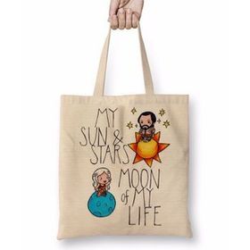 Baskı Dükkanı My Sun Stars Moon Of My Life Bez Uzun Saplı Krem Rengi Çanta
