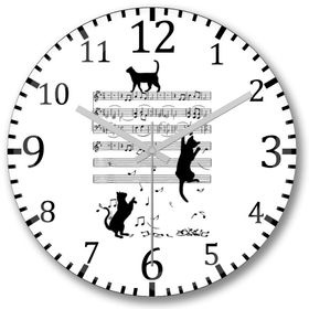 Baskı Dükkanı Notalar Müzik Cat Kedi Komik Bombeli Gerçek Cam Duvar Saati
