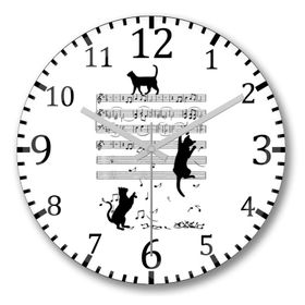 Baskı Dükkanı Notalar Müzik Cat Kedi Komik Bombeli Gerçek Cam Duvar Saati