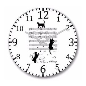 Baskı Dükkanı Notalar Müzik Cat Kedi Komik Bombeli Gerçek Cam Duvar Saati