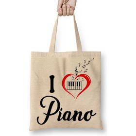 Baskı Dükkanı Piyano Müzik Notaları Bez Uzun Saplı Krem Rengi Çanta