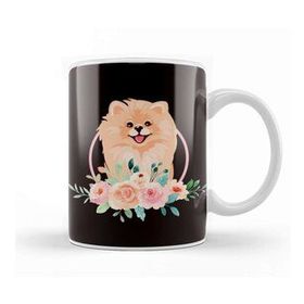 Baskı Dükkanı Pomeranian Flowers Pommy Pom Dog Breed German Spitz Puppy Porselen 330 ml Beyaz Kupa Bardak