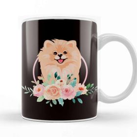 Baskı Dükkanı Pomeranian Flowers Pommy Pom Dog Breed German Spitz Puppy Porselen 330 ml Beyaz Kupa Bardak
