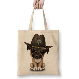 Baskı Dükkanı Pug Köpek 03 Bez Uzun Saplı Krem Rengi Çanta