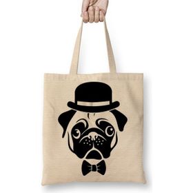Baskı Dükkanı Pug Köpek 06 Bez Uzun Saplı Krem Rengi Çanta