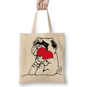 Baskı Dükkanı Pug Köpek 07 Bez Uzun Saplı Krem Rengi Çanta