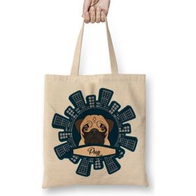 Baskı Dükkanı Pug Köpek Bez Uzun Saplı Krem Rengi Çanta