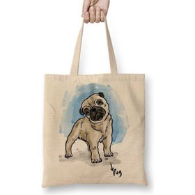 Baskı Dükkanı Pug Köpek Bez Uzun Saplı Krem Rengi Çanta