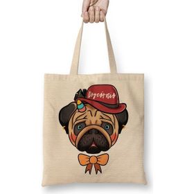 Baskı Dükkanı Pug Köpek Bez Uzun Saplı Krem Rengi Çanta