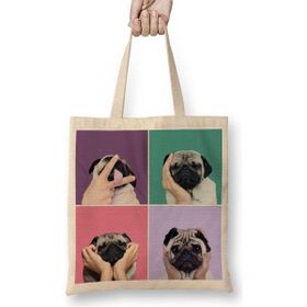 Baskı Dükkanı Pug Köpek Bez Uzun Saplı Krem Rengi Çanta