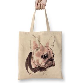 Baskı Dükkanı Pug Köpek Fransız Bulldog Bez Uzun Saplı Krem Rengi Çanta