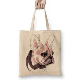 Baskı Dükkanı Pug Köpek Fransız Bulldog Bez Uzun Saplı Krem Rengi Çanta