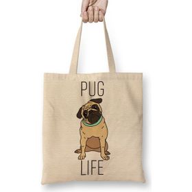 Baskı Dükkanı Pug Life Köpek 02 Bez Uzun Saplı Krem Rengi Çanta