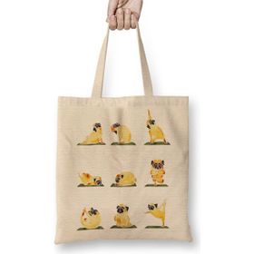 Baskı Dükkanı Pug Yoga Köpek Bez Uzun Saplı Krem Rengi Çanta