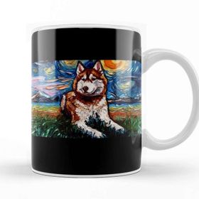 Baskı Dükkanı Red And White Husky Night Kupa