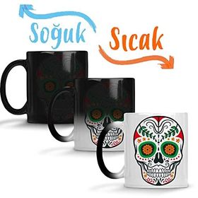 Baskı Dükkanı Renkli ve Desenli Kuru Kafa Skull Sihirli Porselen Kupa