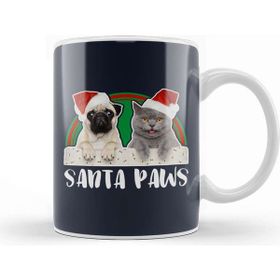 Baskı Dükkanı Santa Paws Christmas Pug And Cat Porselen 330 ml Beyaz Kupa Bardak