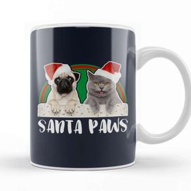 Baskı Dükkanı Santa Paws Christmas Pug And Cat Porselen 330 ml Beyaz Kupa Bardak