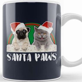 Baskı Dükkanı Santa Paws Christmas Pug And Cat Porselen 330 ml Beyaz Kupa Bardak