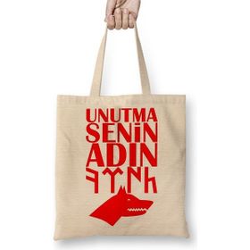 Baskı Dükkanı Senin Adın Türk Göktürk Kurt Bez Uzun Saplı Krem Rengi Çanta