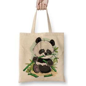 Baskı Dükkanı Sevimli Panda Bez Uzun Saplı Krem Rengi Çanta